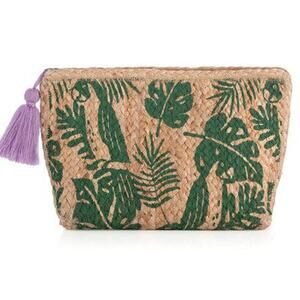 Allegra Tropical Zip Travel Cosmetic Pouch, Green Tan Lavender Tassel